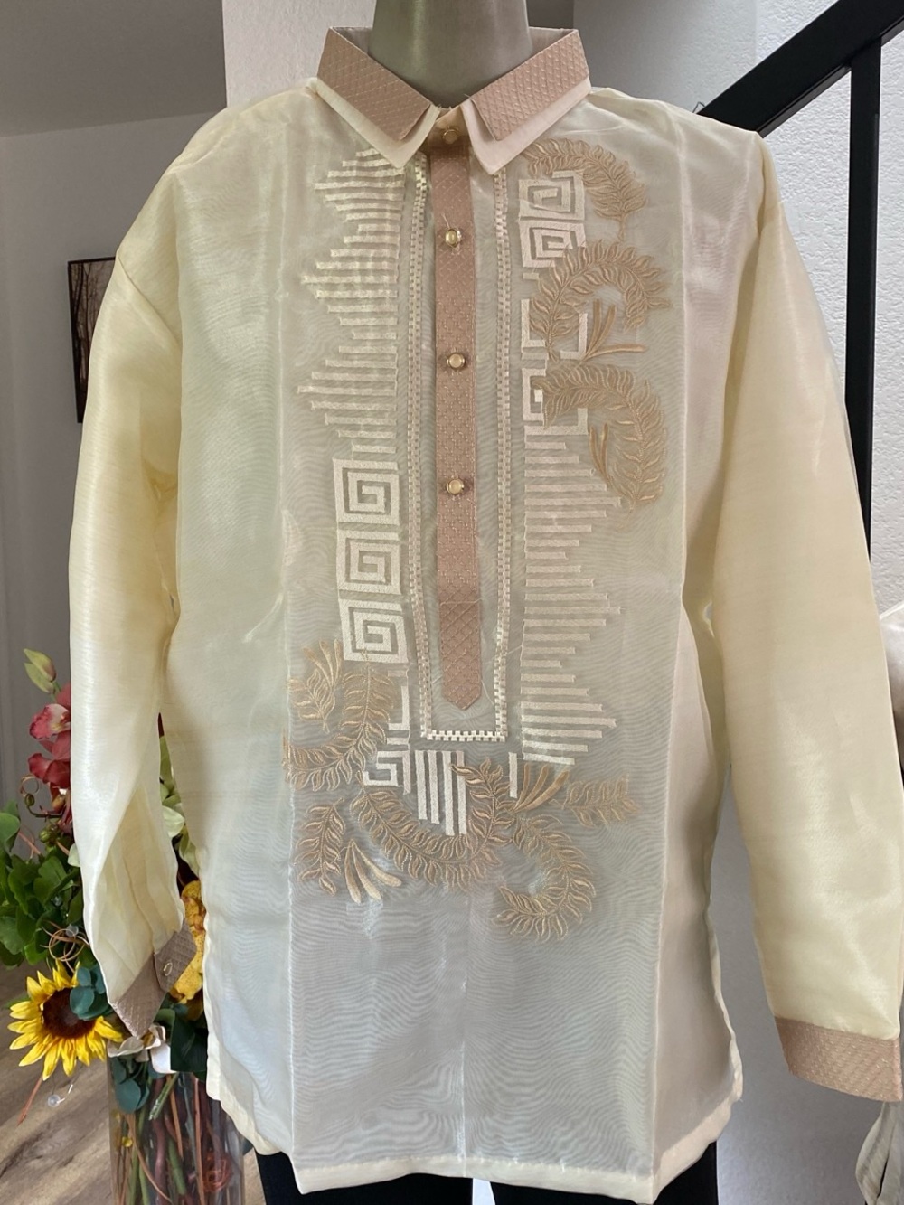 Embroidered Sheer Barong Tagalog Shirt in Cream and Beige